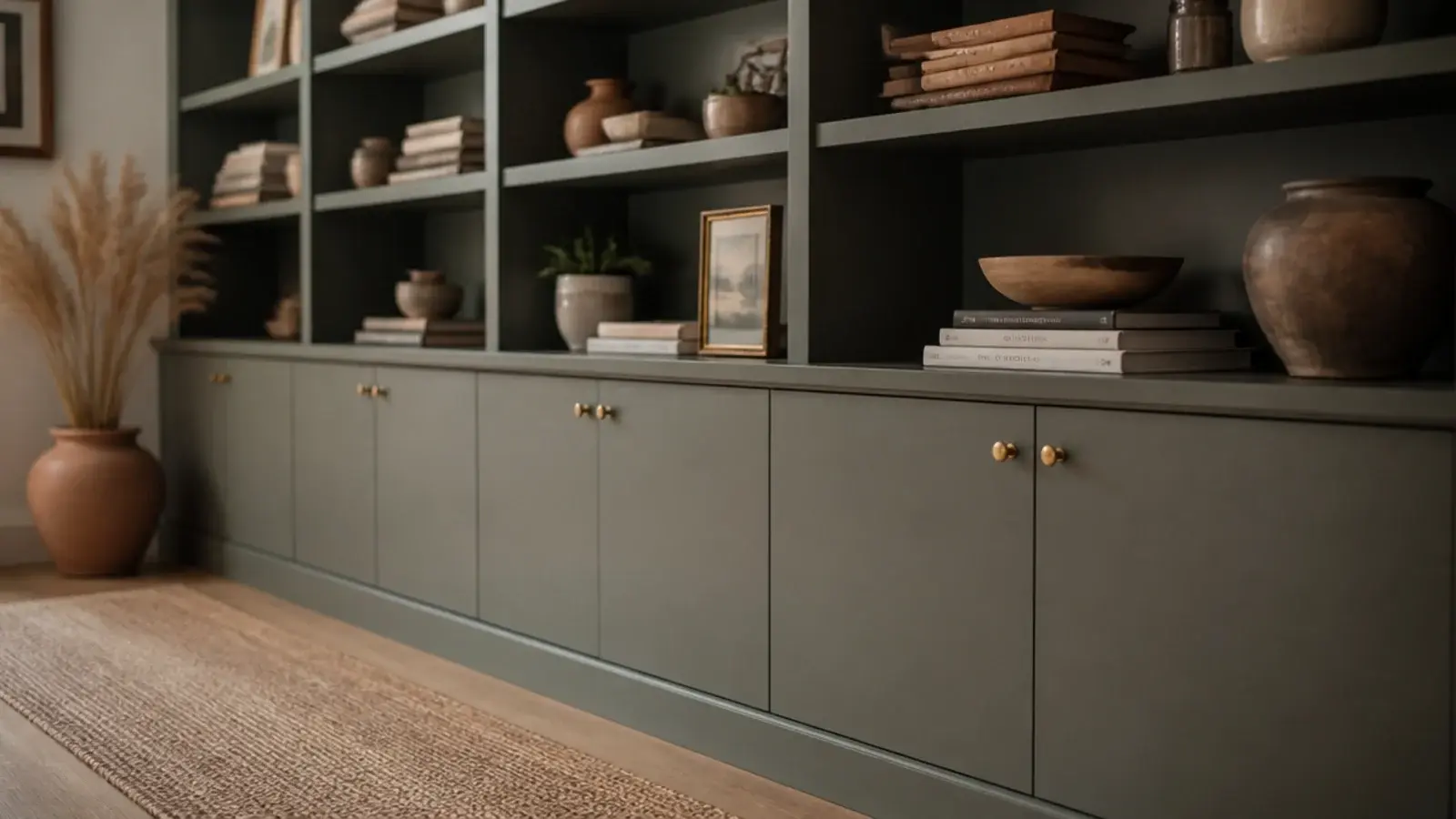 slab cabinet doors closing the bottom third of budget living room built-ins