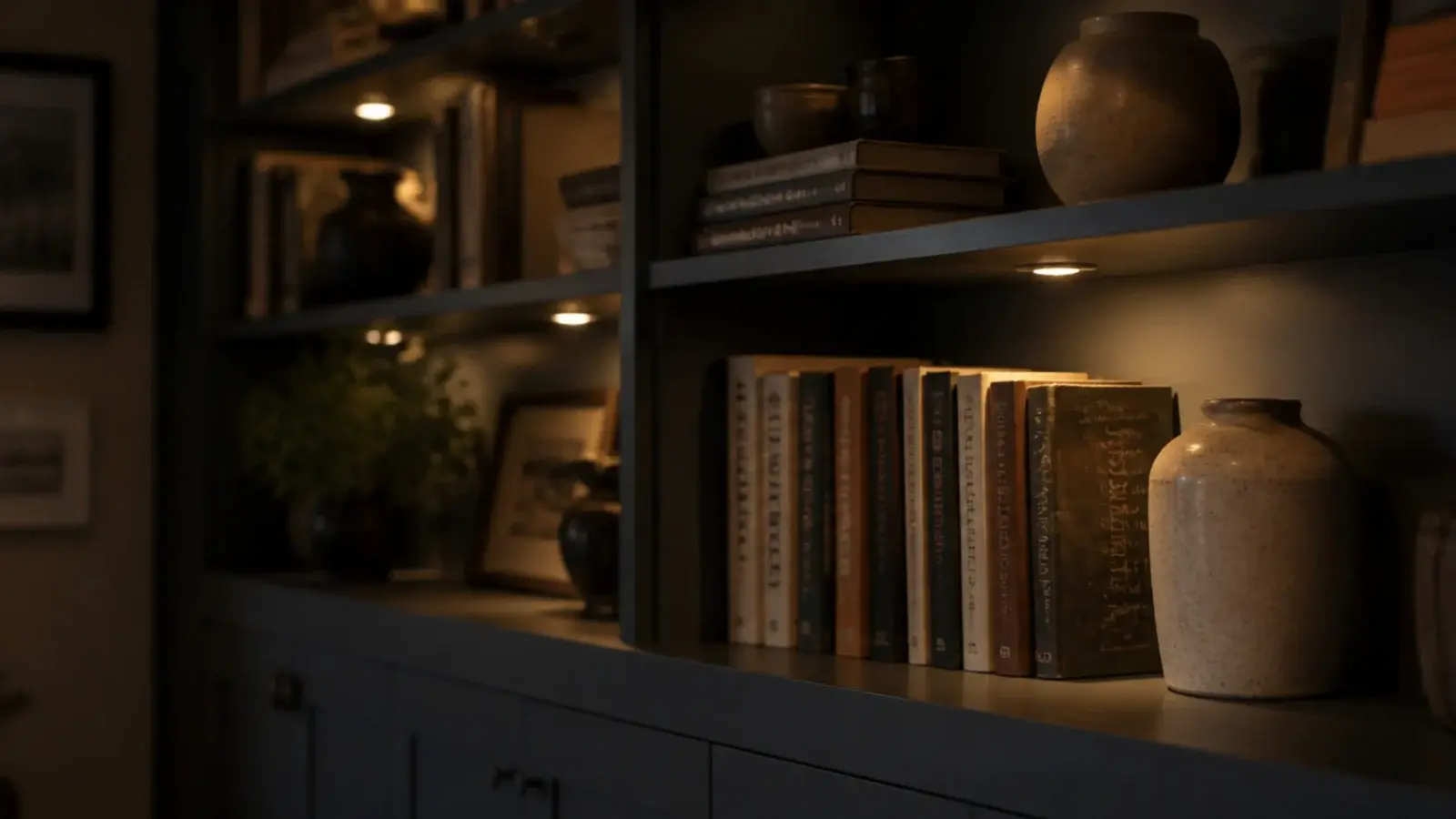 warm puck lights glowing under each shelf of a living room book wall