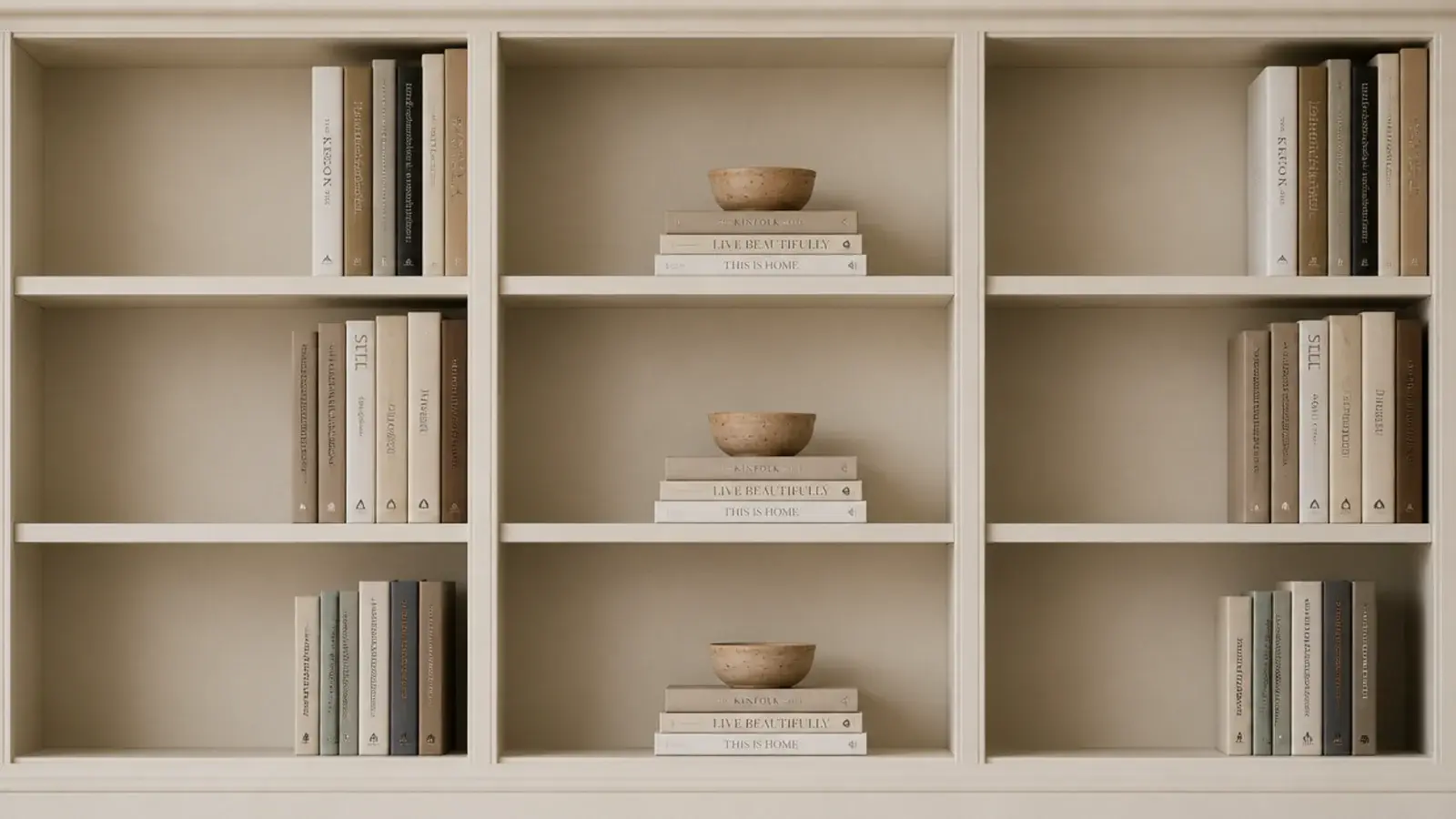 books grouped by height across open built in bookshelves in a living room