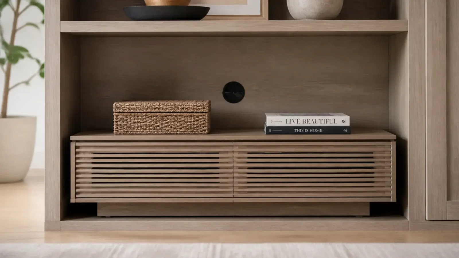 media bay in living room built-ins with a grommet hole and hidden cables