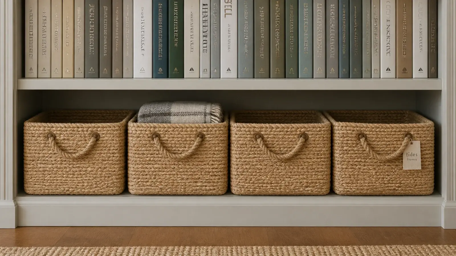 row of jute baskets lined along the lowest shelf of living room built-ins