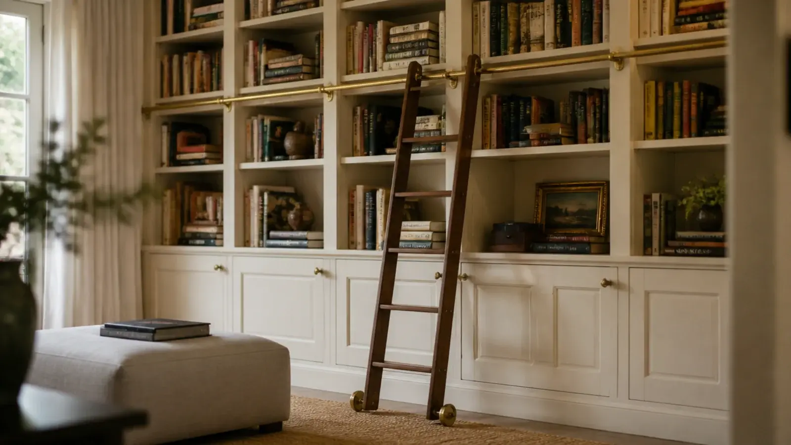 rolling library ladder leaning against a tall painted living room book wall