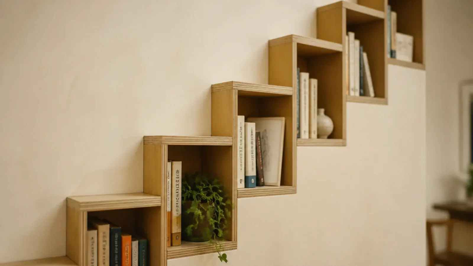 stepped plywood shelves following the rake of a staircase in a living room