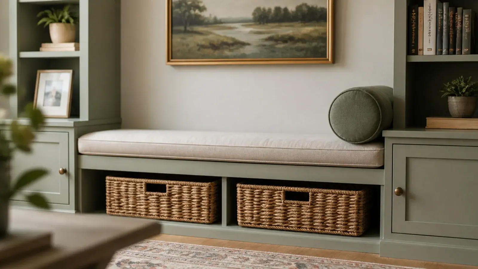 cushioned bench built between two shelf towers in a cozy living room