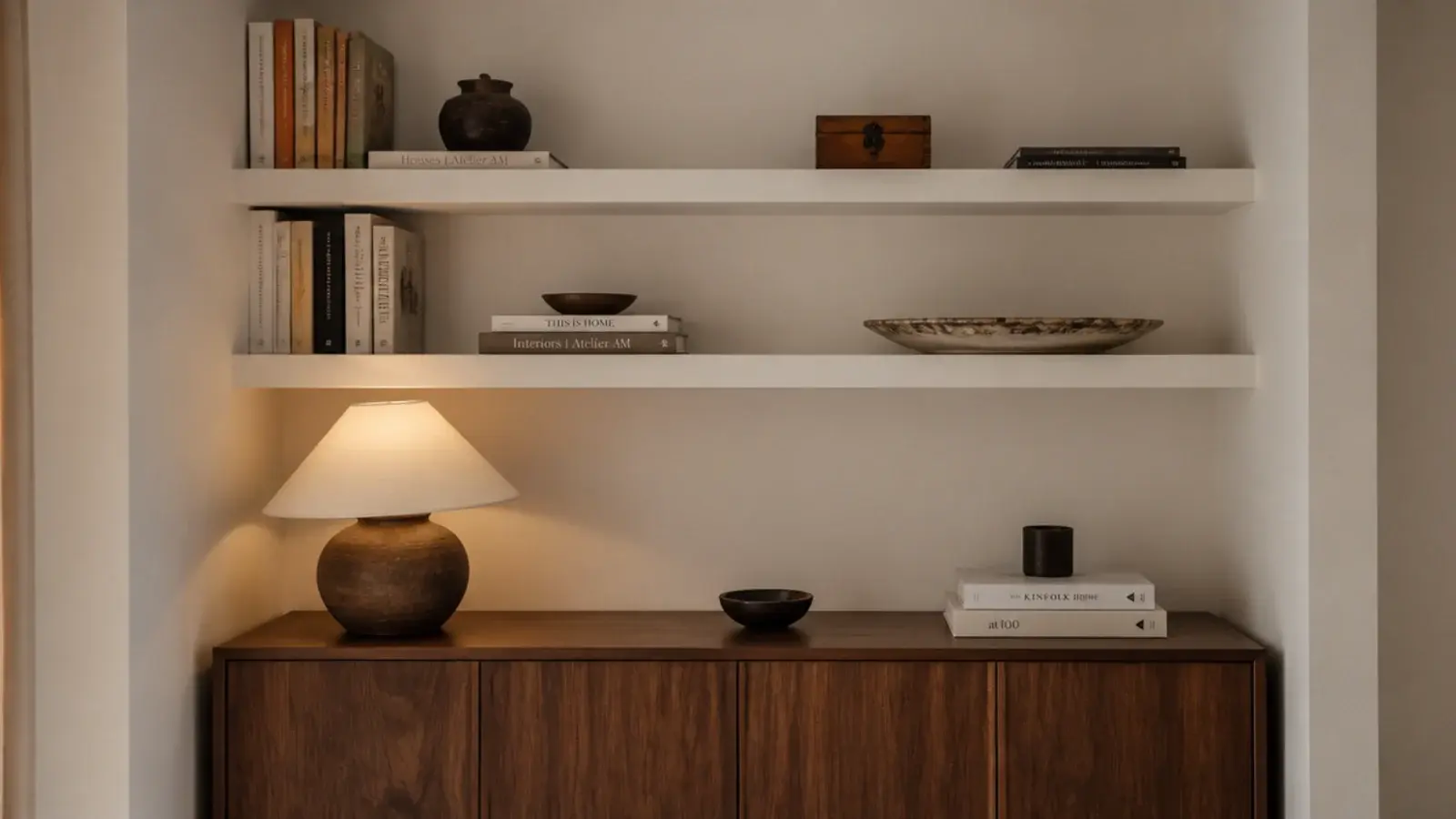 thrifted console with three floating built in shelves above it in a living room
