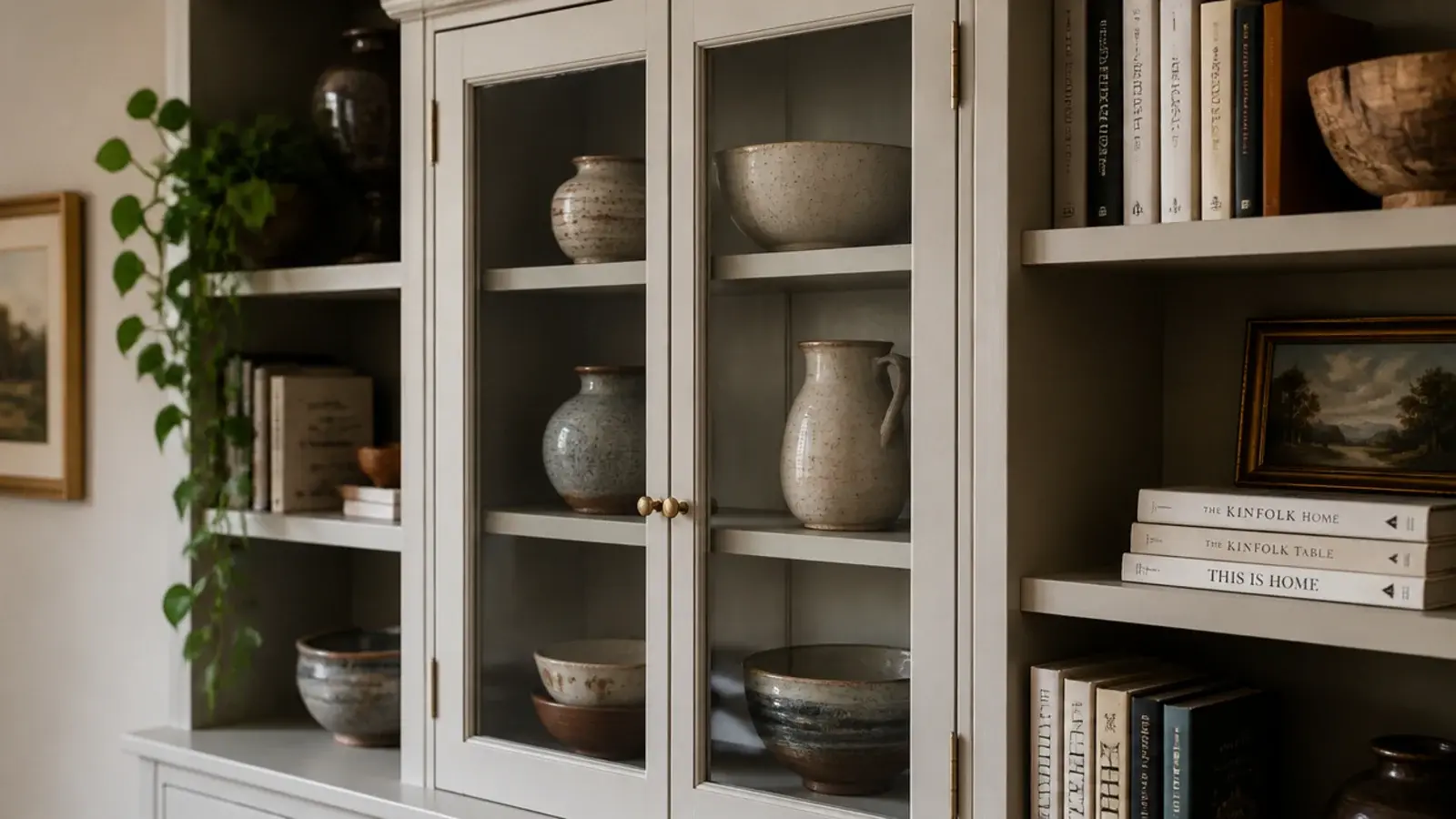 single bay with clear glass cabinet doors in white built in shelves