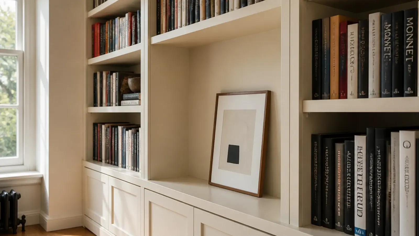 empty bay in living room built-ins holding one leaning framed artwork
