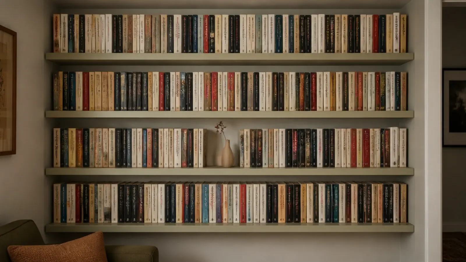 shallow eight inch built in bookshelves packed with paperbacks in a narrow room