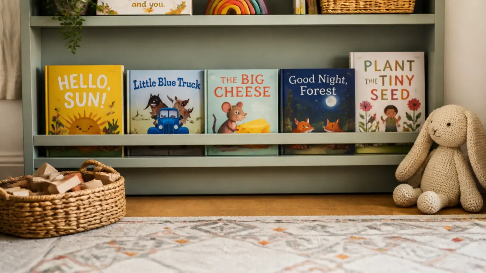 low forward facing book ledges built into a family living room shelf run
