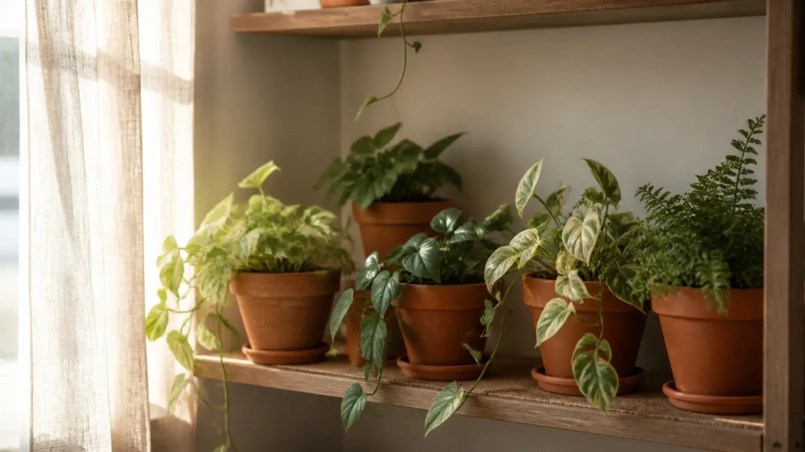 sunlit bay of living room built in shelves filled with potted plants