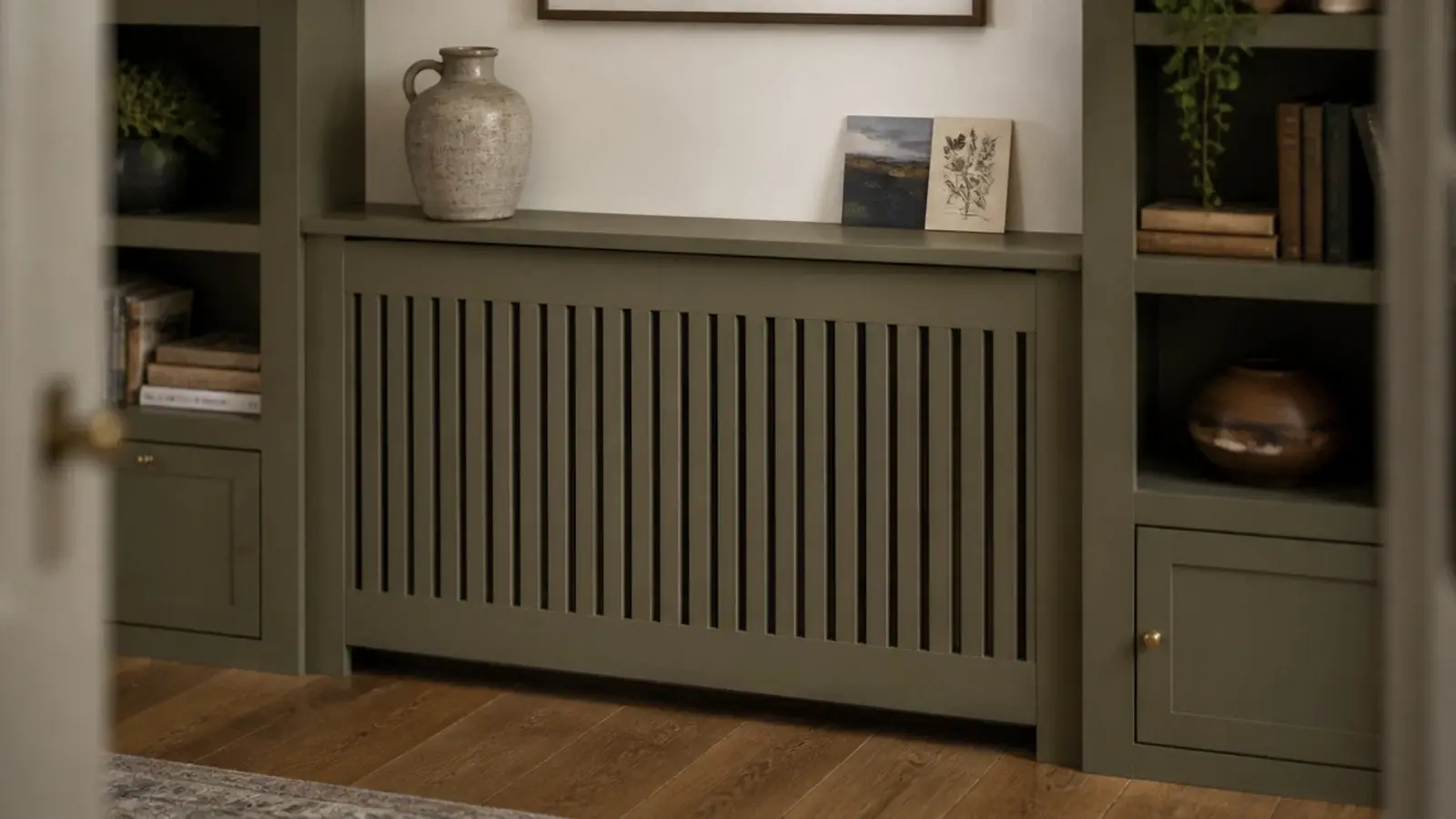 slatted radiator cover set between two runs of painted living room shelves