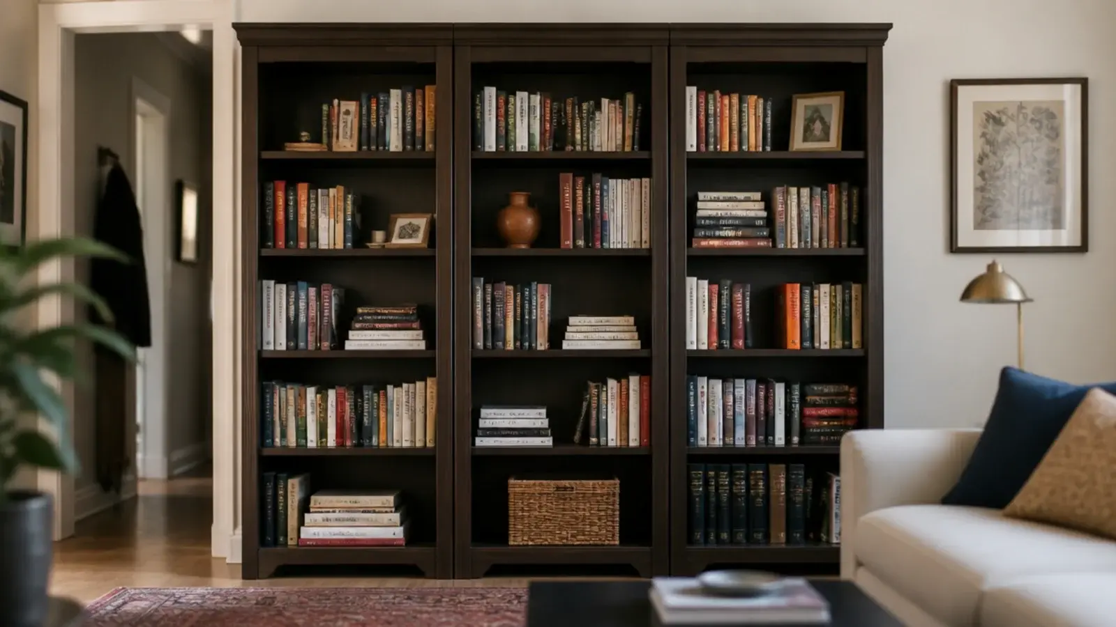 renter friendly freestanding bookcases trimmed to look like living room built-ins