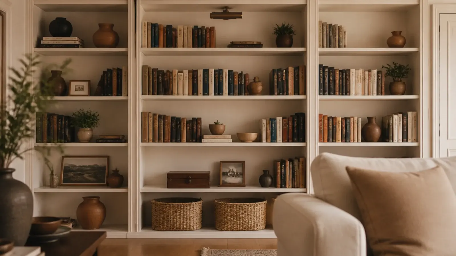 budget built in bookshelves filling a living room wall with books and baskets