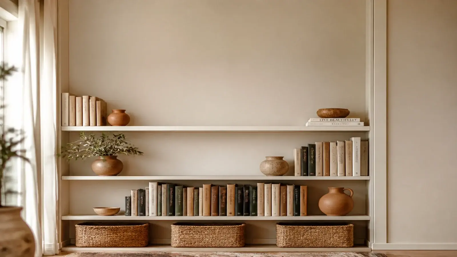 vertical view of budget built in bookshelves styled with books pottery and baskets