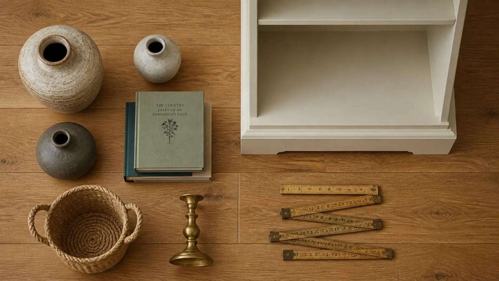 styling objects laid out on the floor beside an emptied built in shelf bay