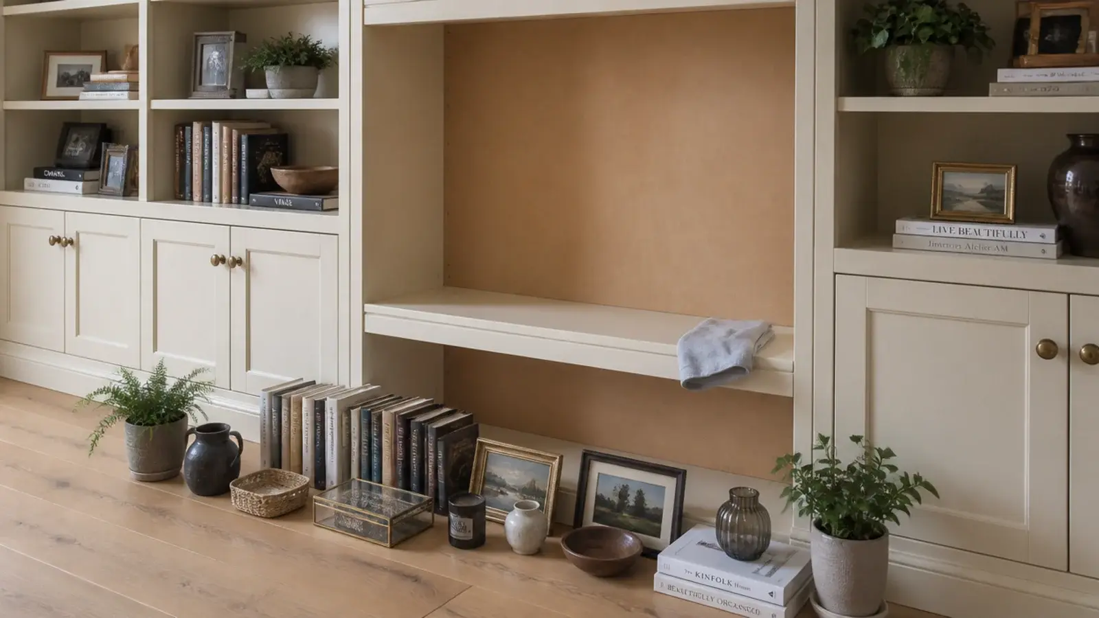 emptied cream shelving bay with its contents stacked on the floor below