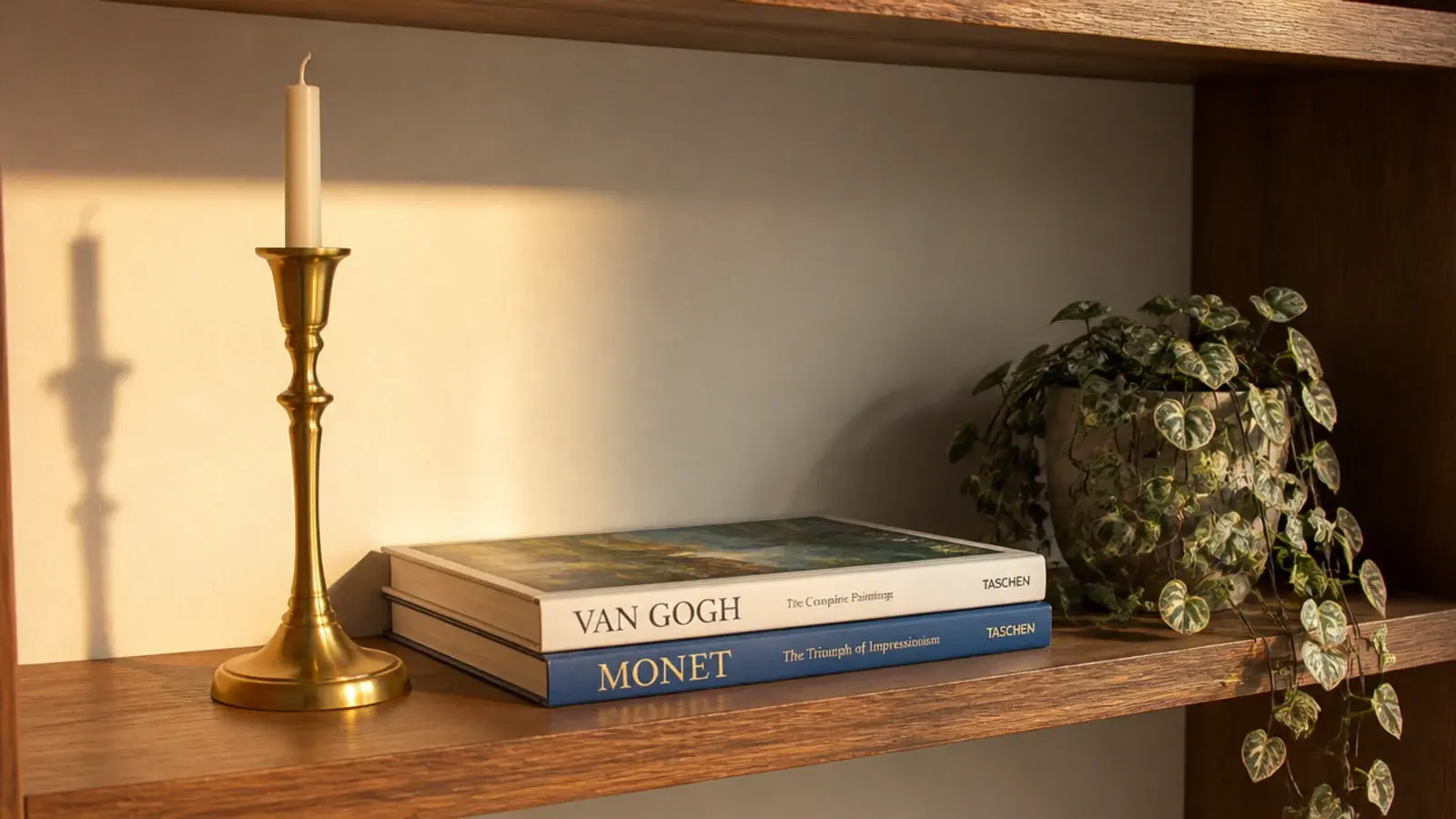 tall taper, low book stack and trailing stem stepping across a shelf
