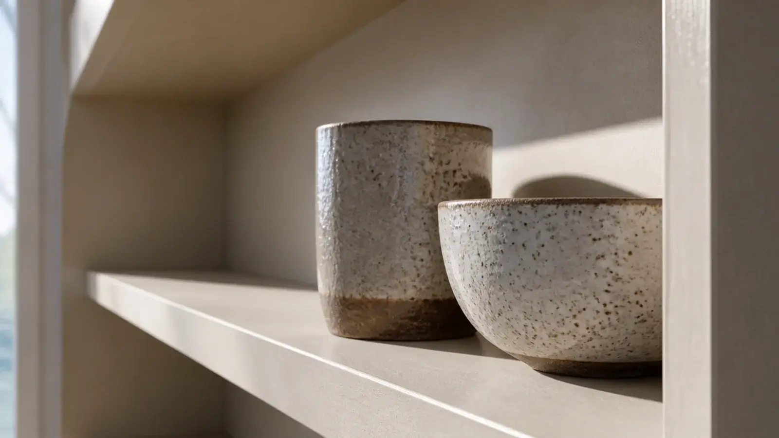 pottery pulled forward to the front edge of a painted built in shelf