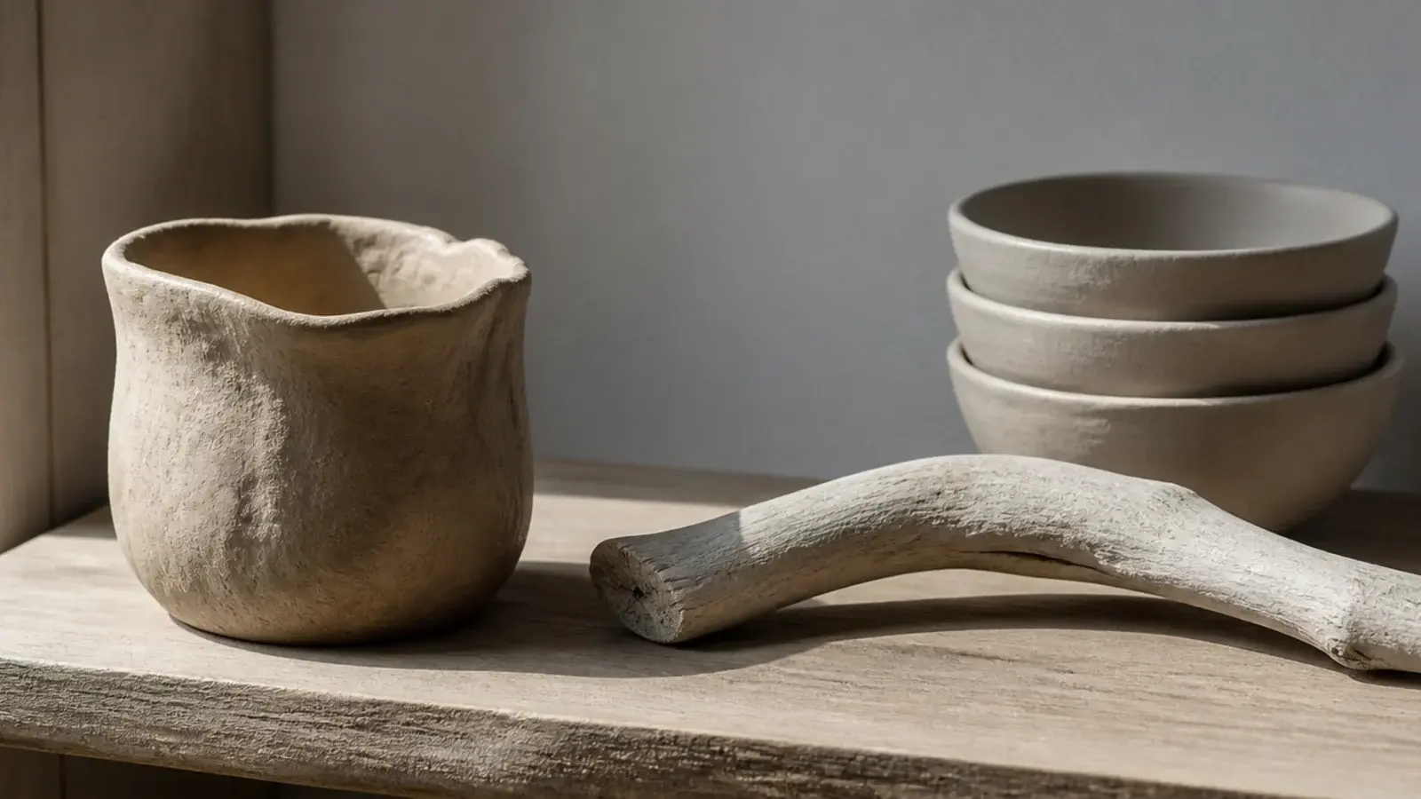 hand formed clay sculpture and driftwood curve on a bare cream shelf