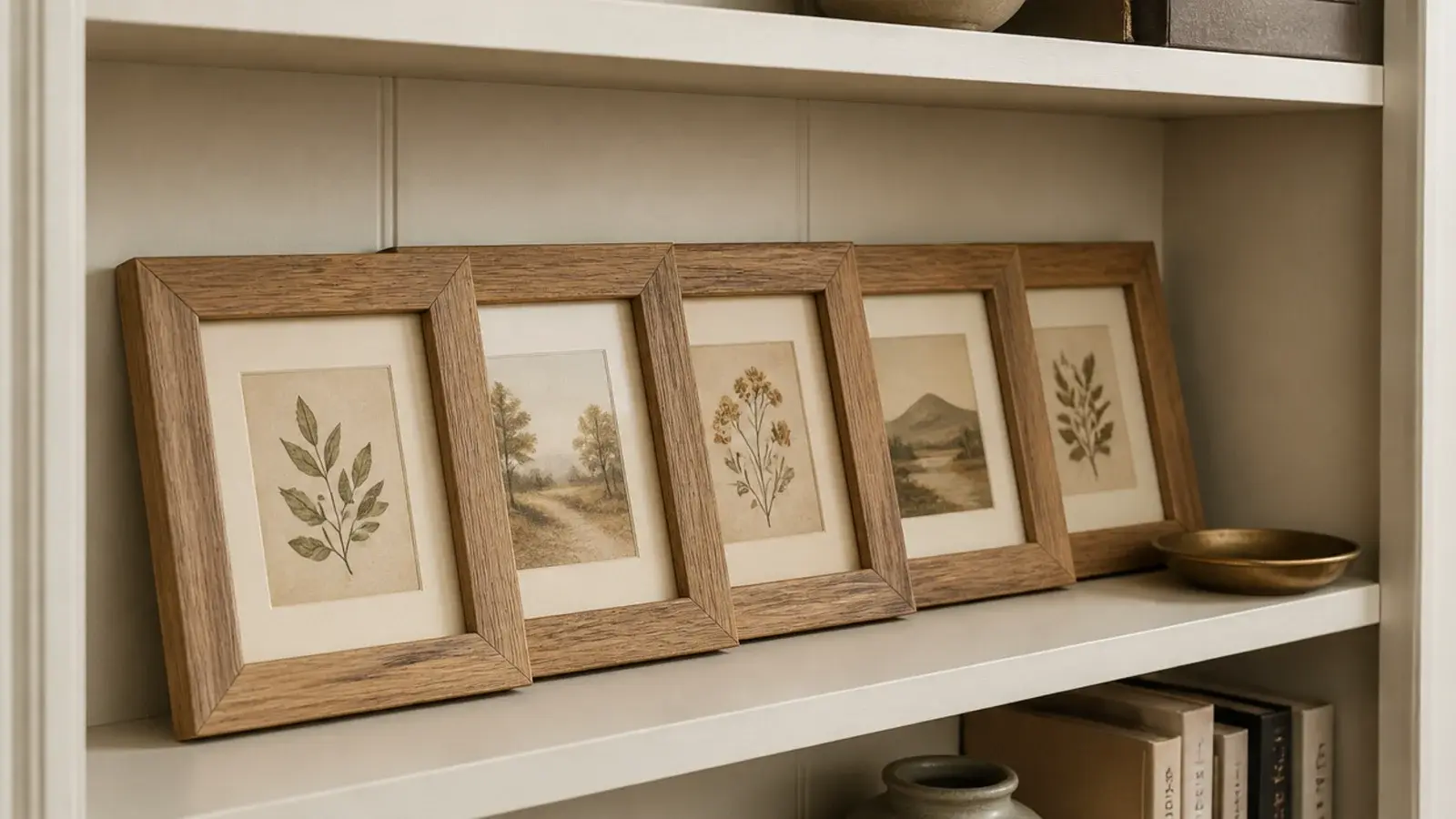 five small oak framed photographs overlapping inside one built in shelf bay