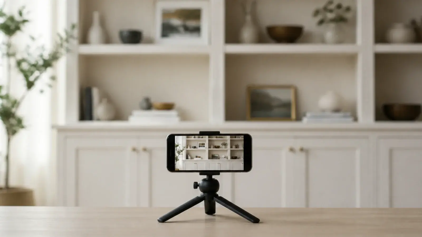 phone propped on a tripod photographing a styled built in shelf wall