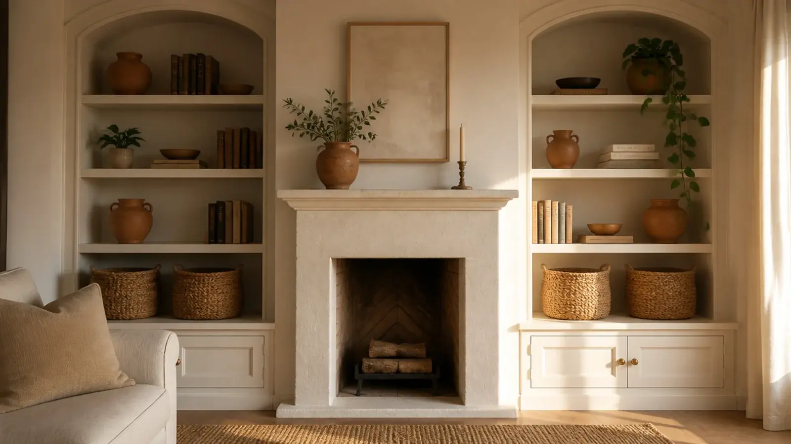 built in shelf styling across cream bays holding pottery, books and woven baskets