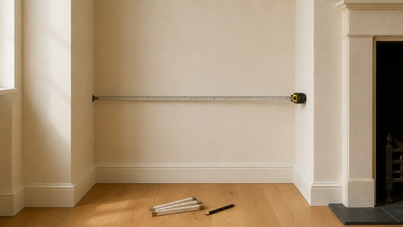 tape measure across an empty alcove being sized for built in shelves