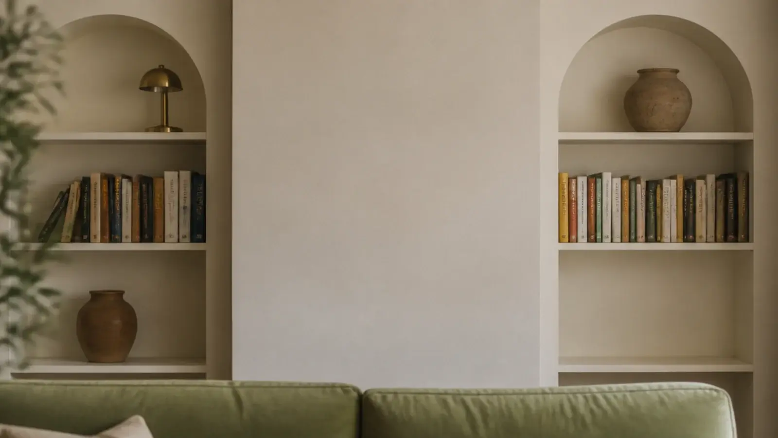 matching painted built in shelves in two alcoves either side of a chimney