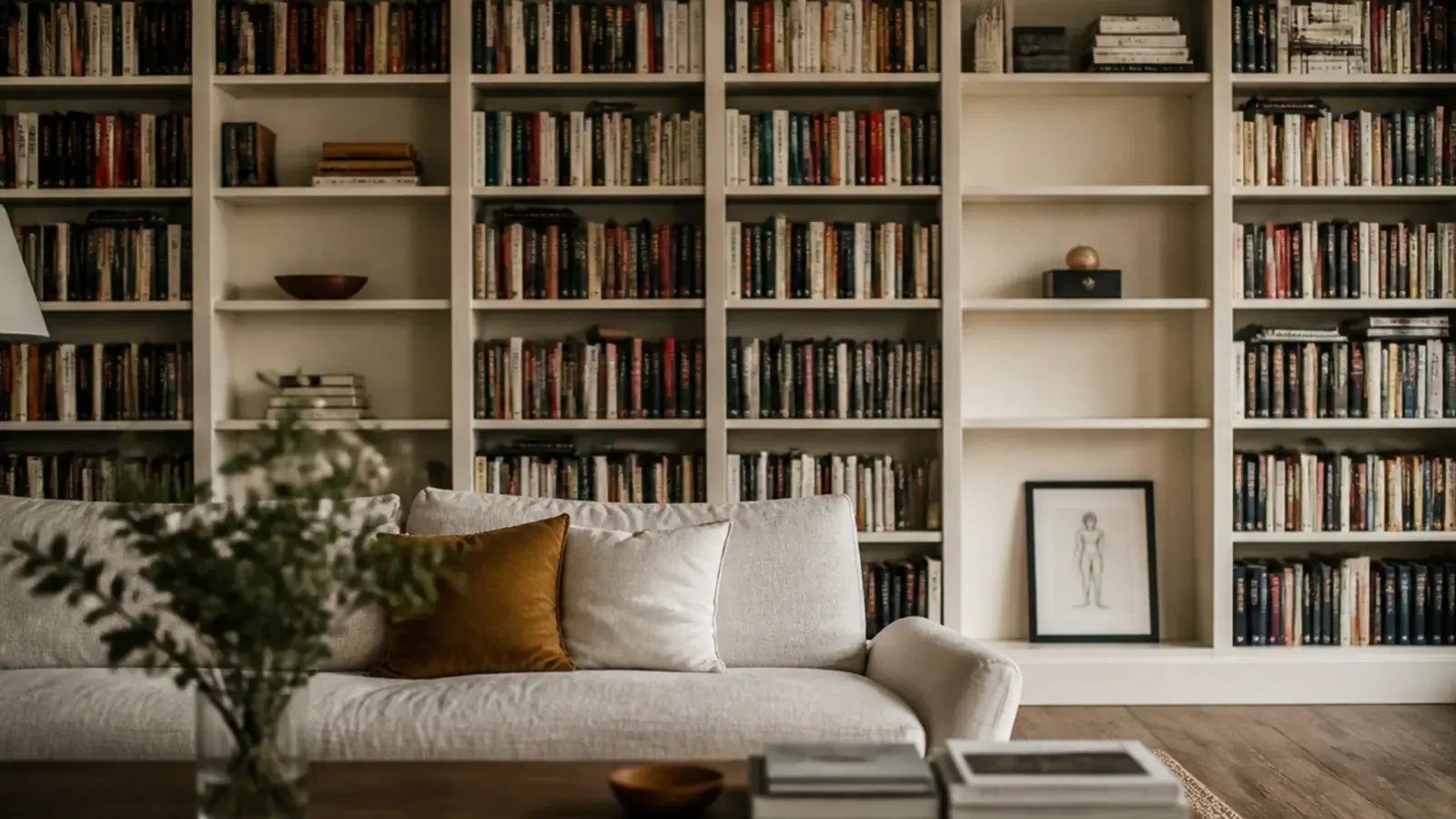 floor to ceiling built in shelves filling one long living room wall