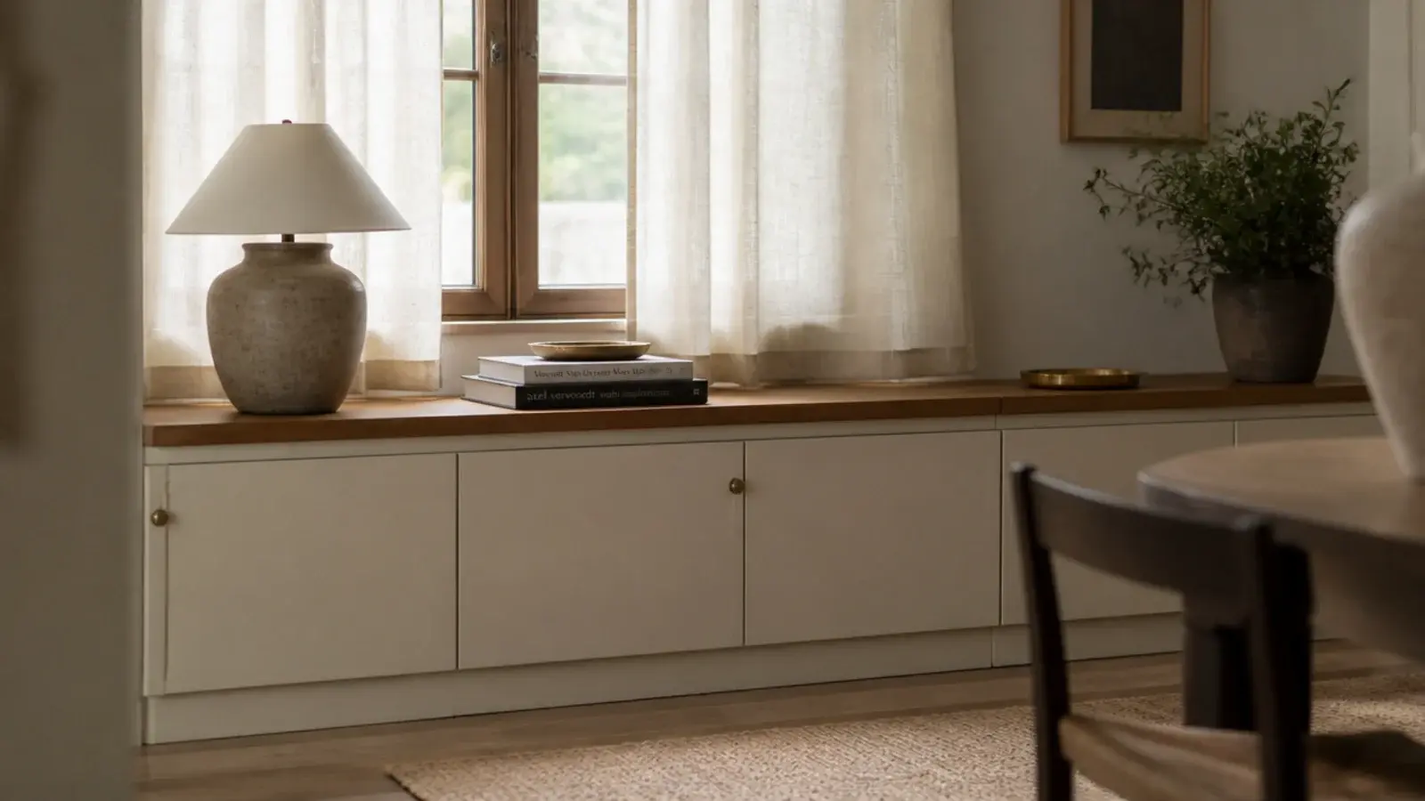 low built in cabinets with a wooden top running under a living room window