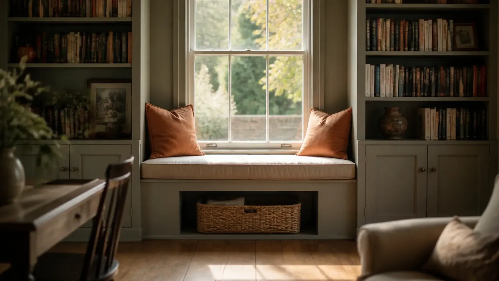 built in window seat with cushion flanked by tall book shelving bays