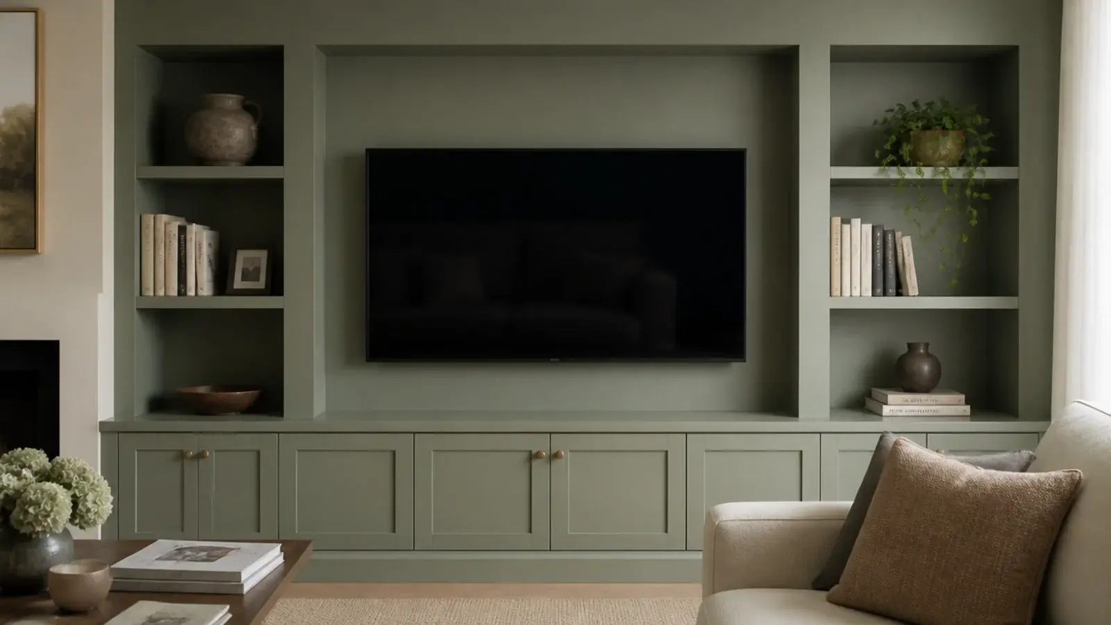 built in shelves surrounding a recessed television bay in a living room