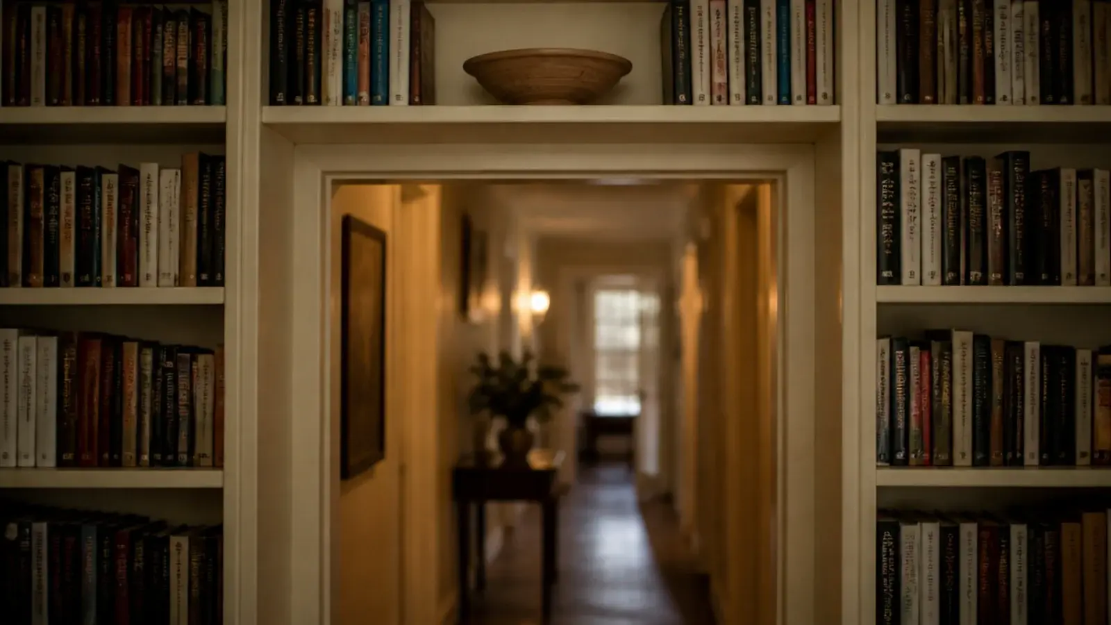 built in bookshelves wrapping over and around a living room doorway