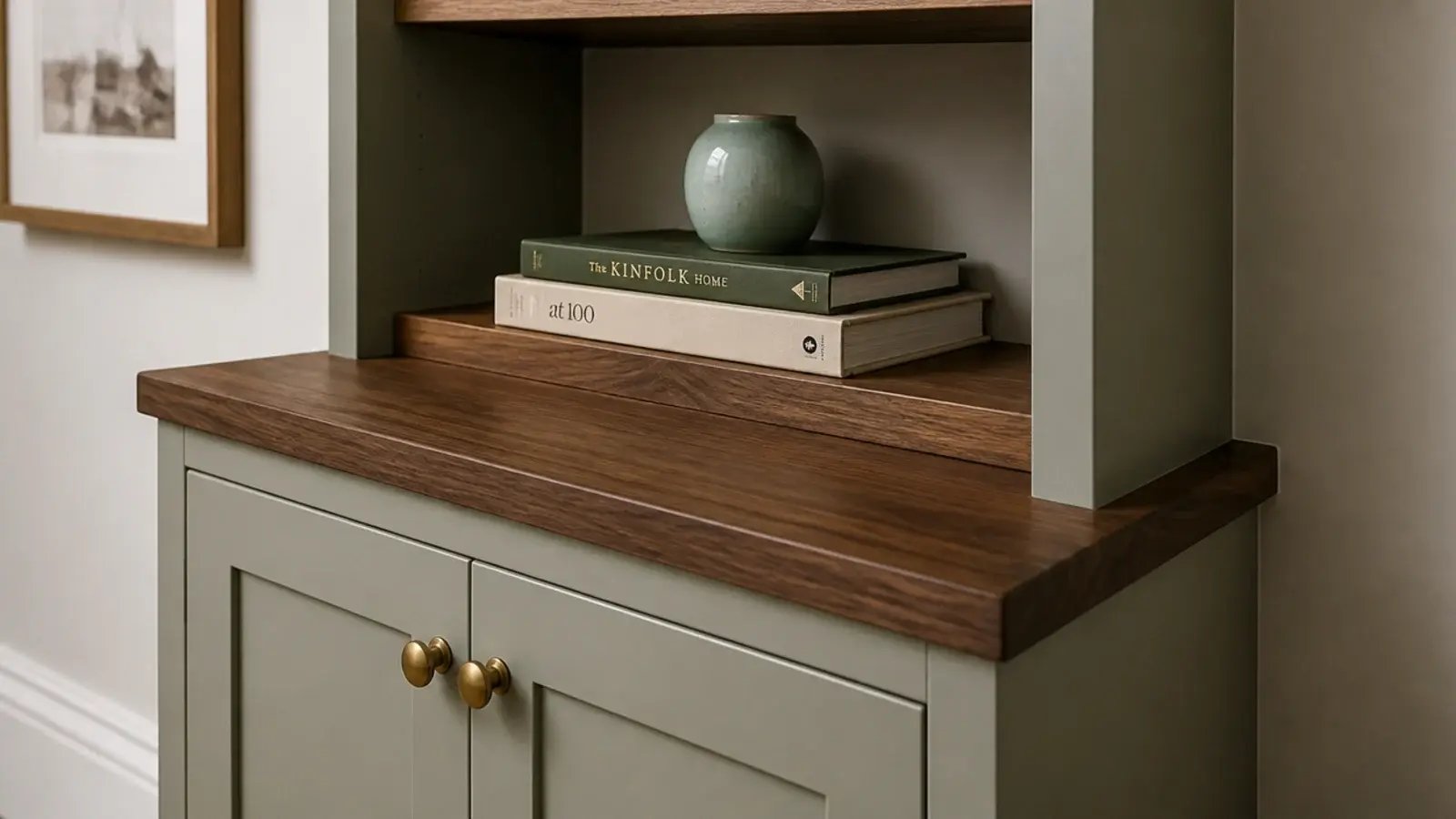 built in shelves with deep cabinet base and slim open shelving above