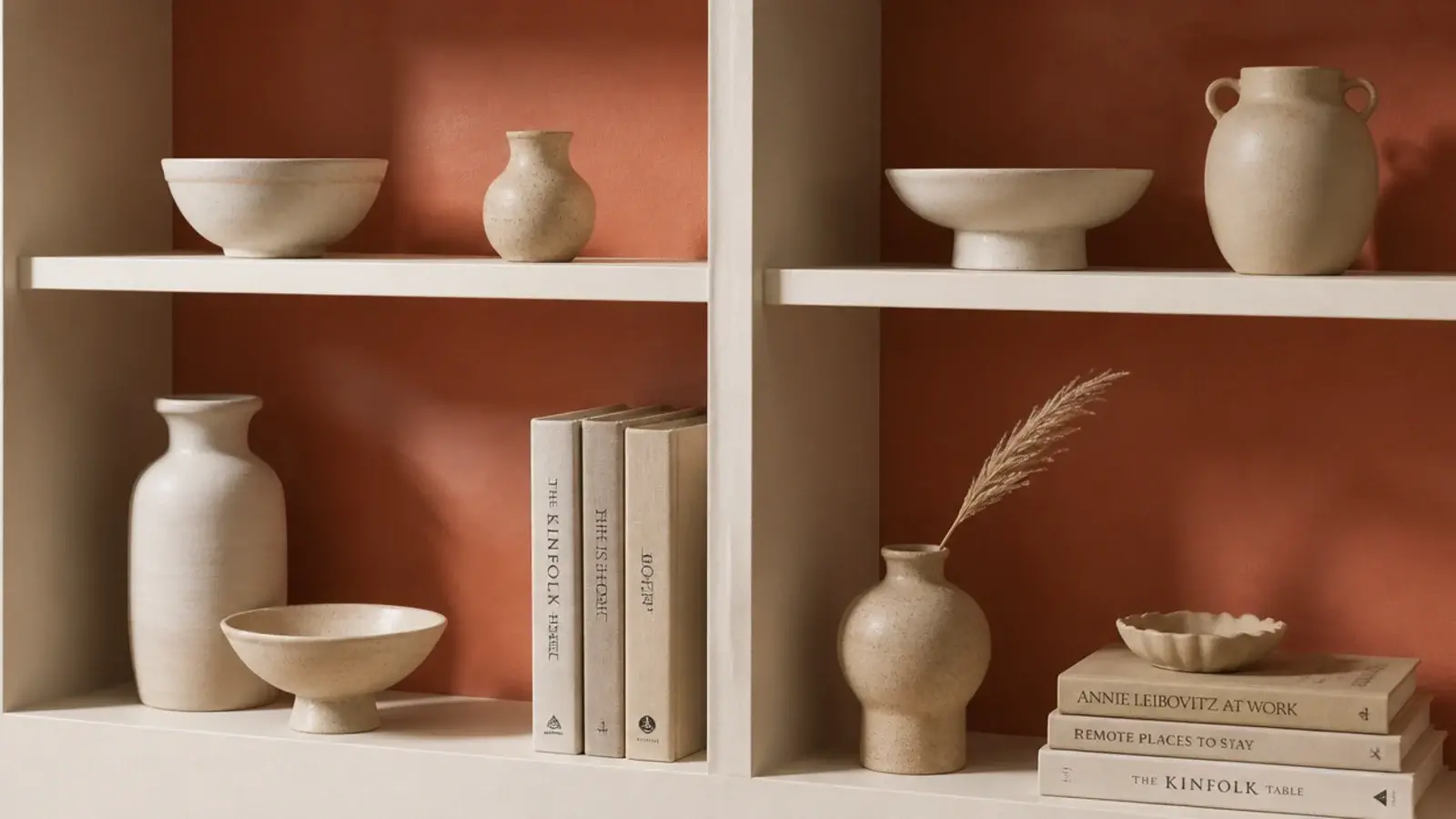 built in shelves with deep clay painted backs behind pale wooden shelves