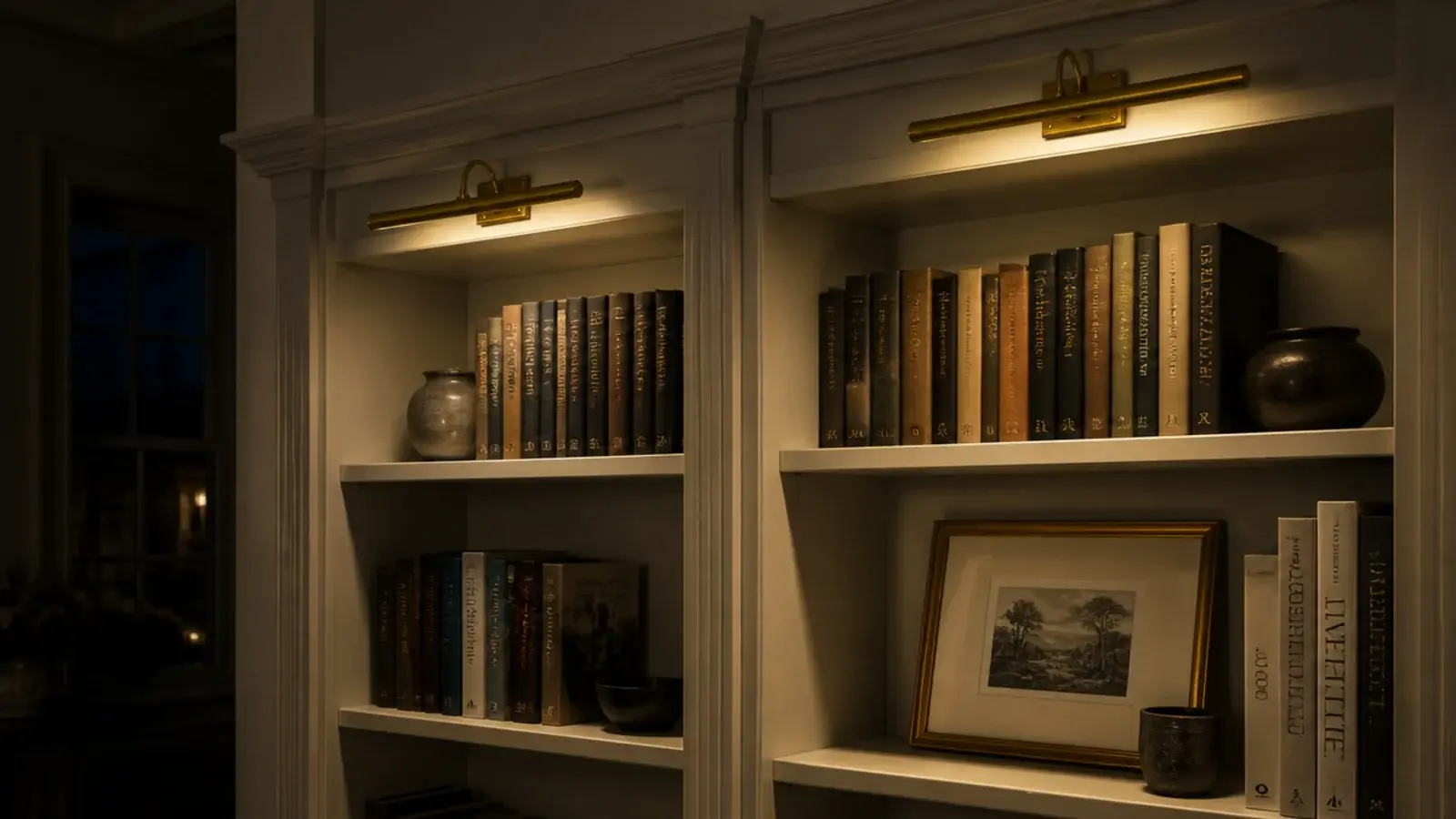 brass picture lights mounted above styled built in living room shelves