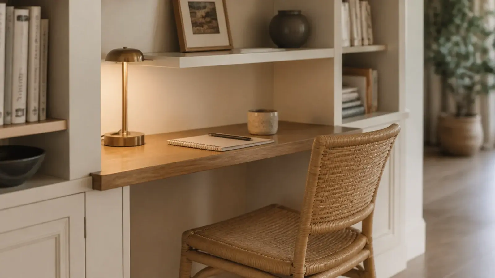 small built in desk set into a run of living room shelving with books