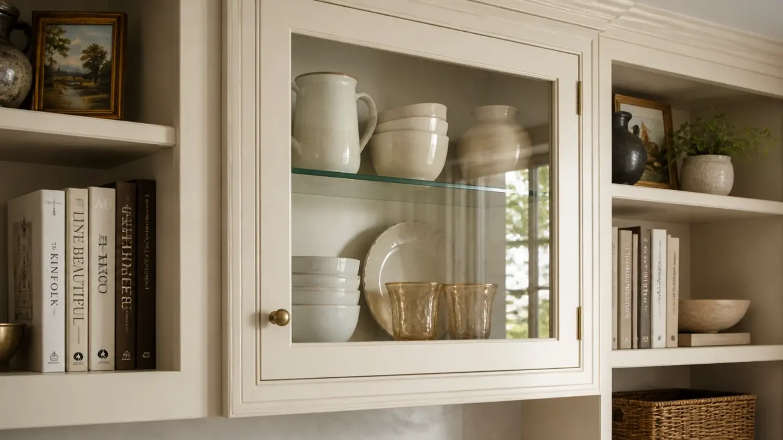 single glass fronted cabinet bay within painted living room built in shelves