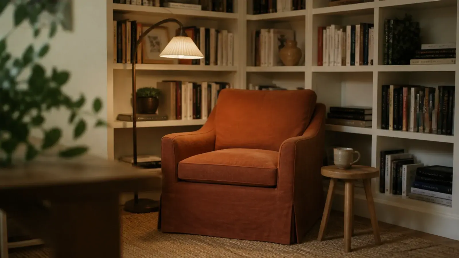 armchair tucked into a corner lined with built in living room shelves