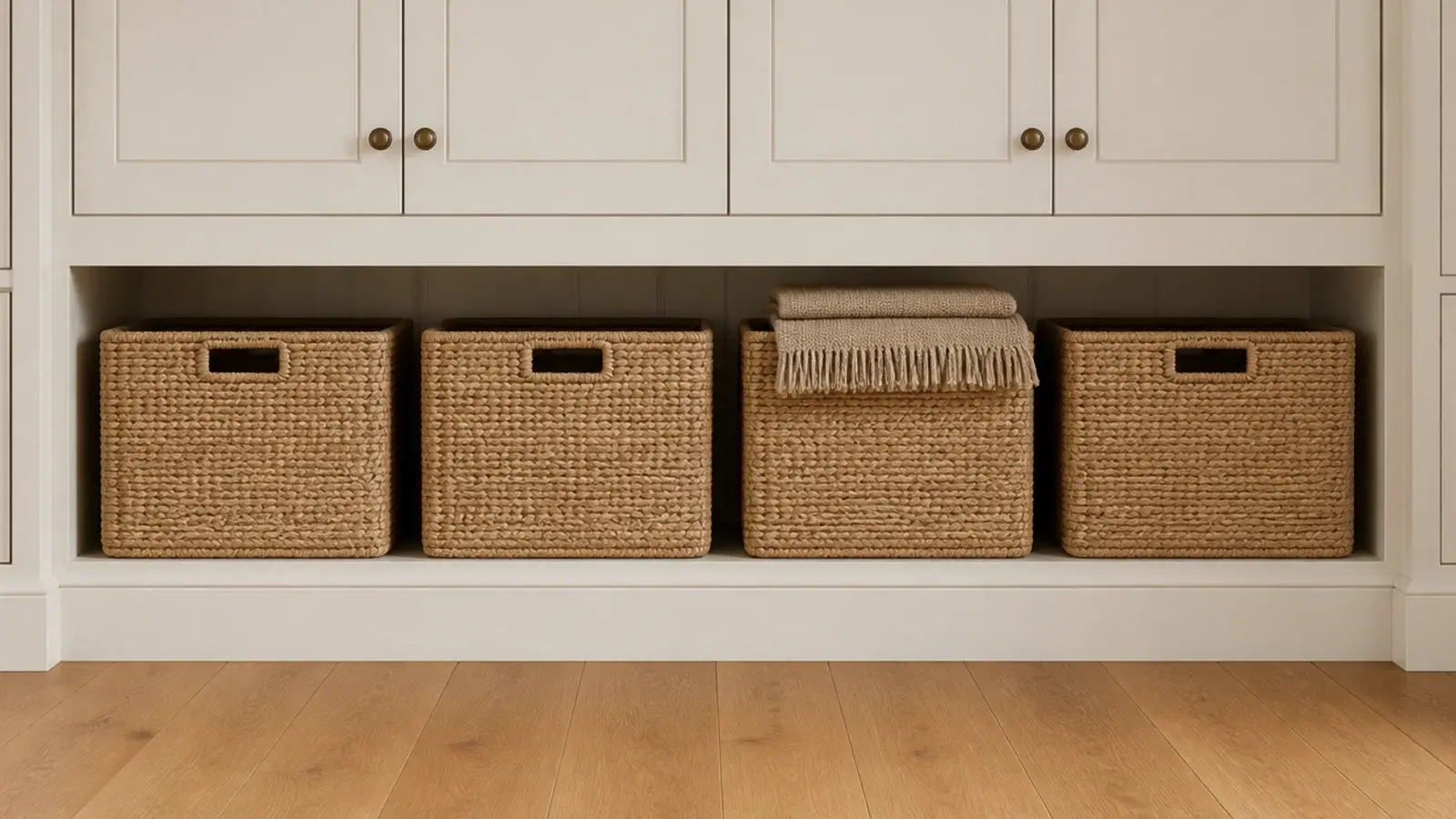 woven baskets lined along the lowest bay of built in living room shelves