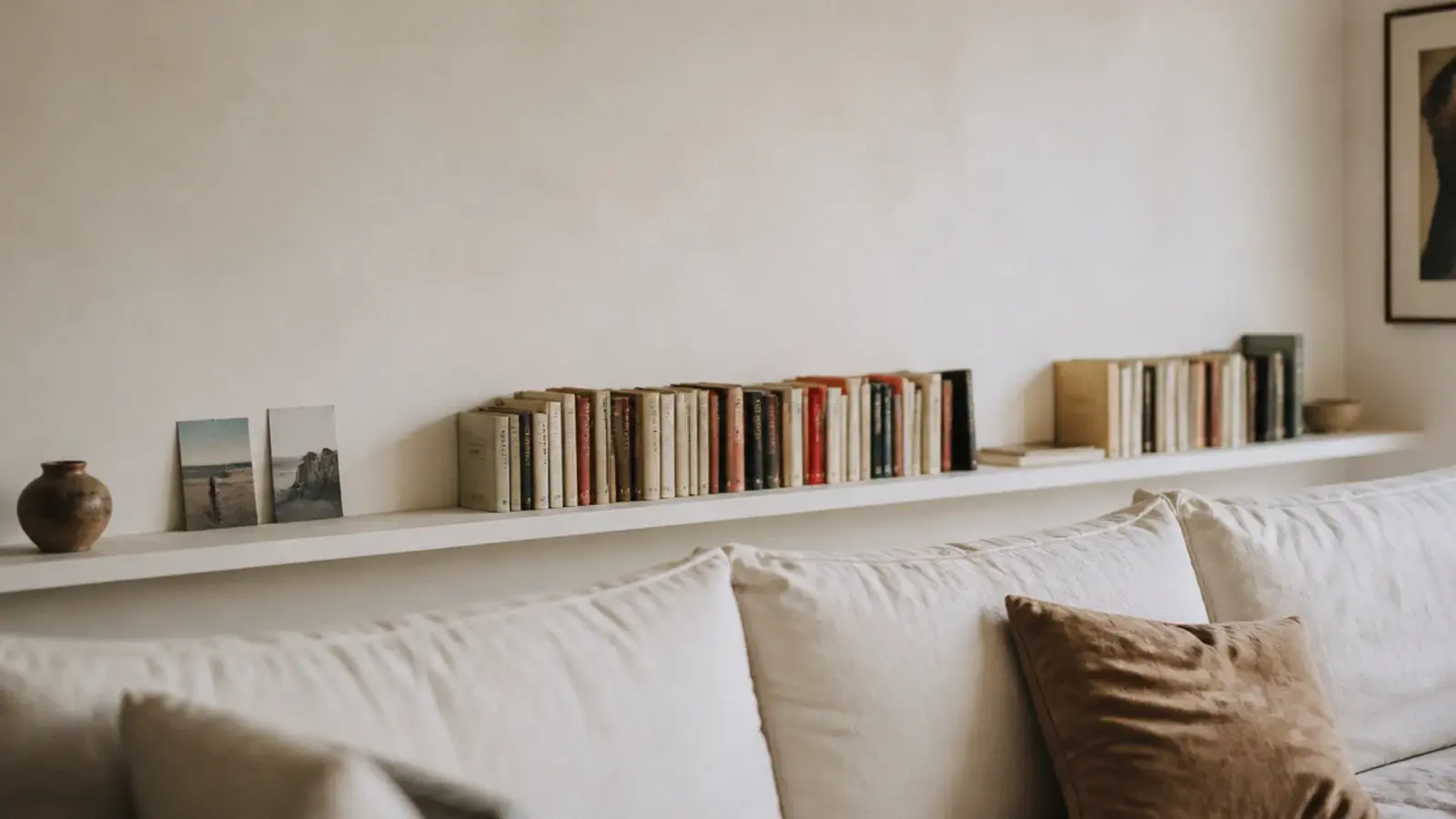 shallow built in shelves running along the wall behind a linen sofa