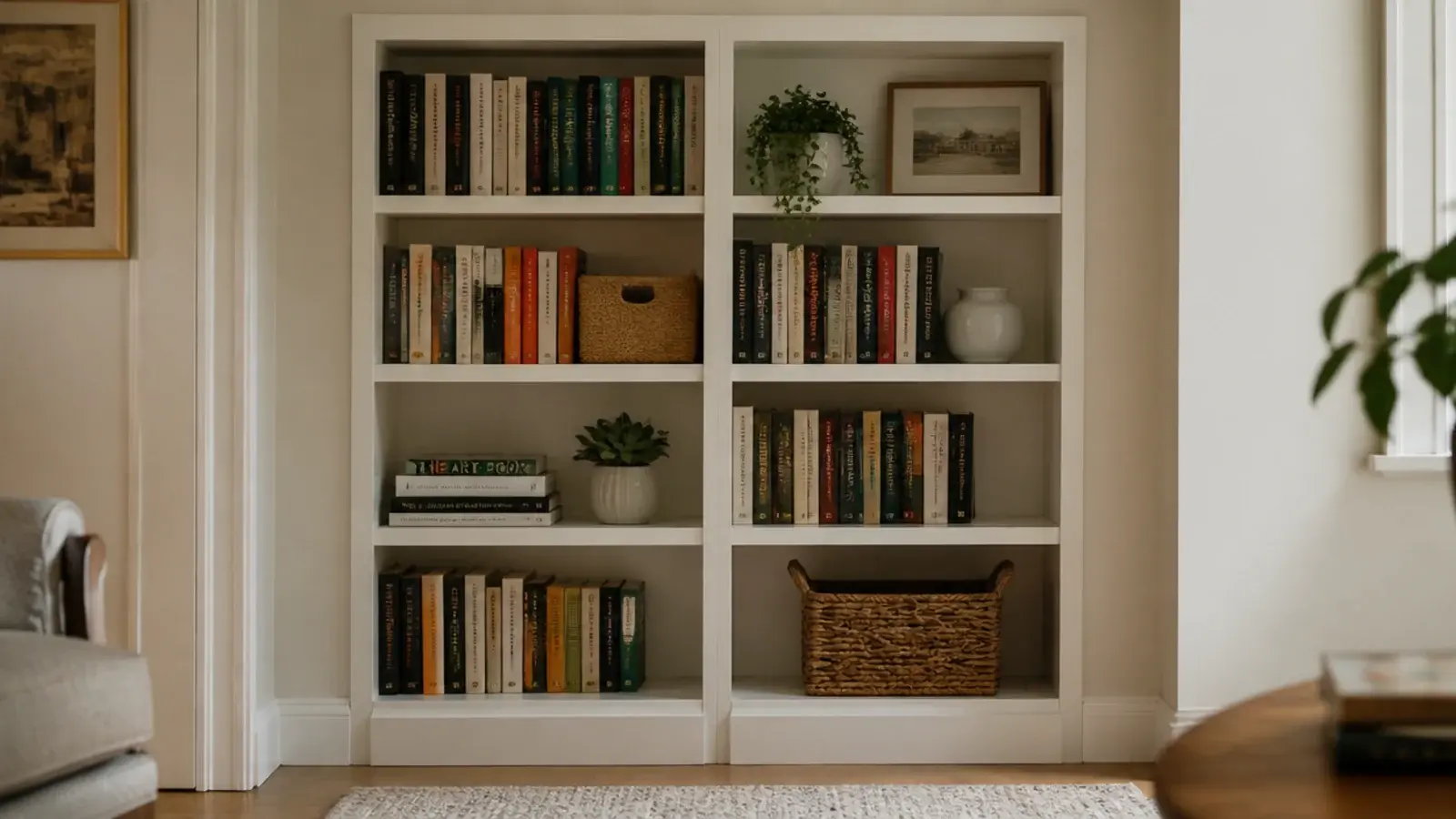 stock bookcases trimmed into an alcove to mimic built in shelves