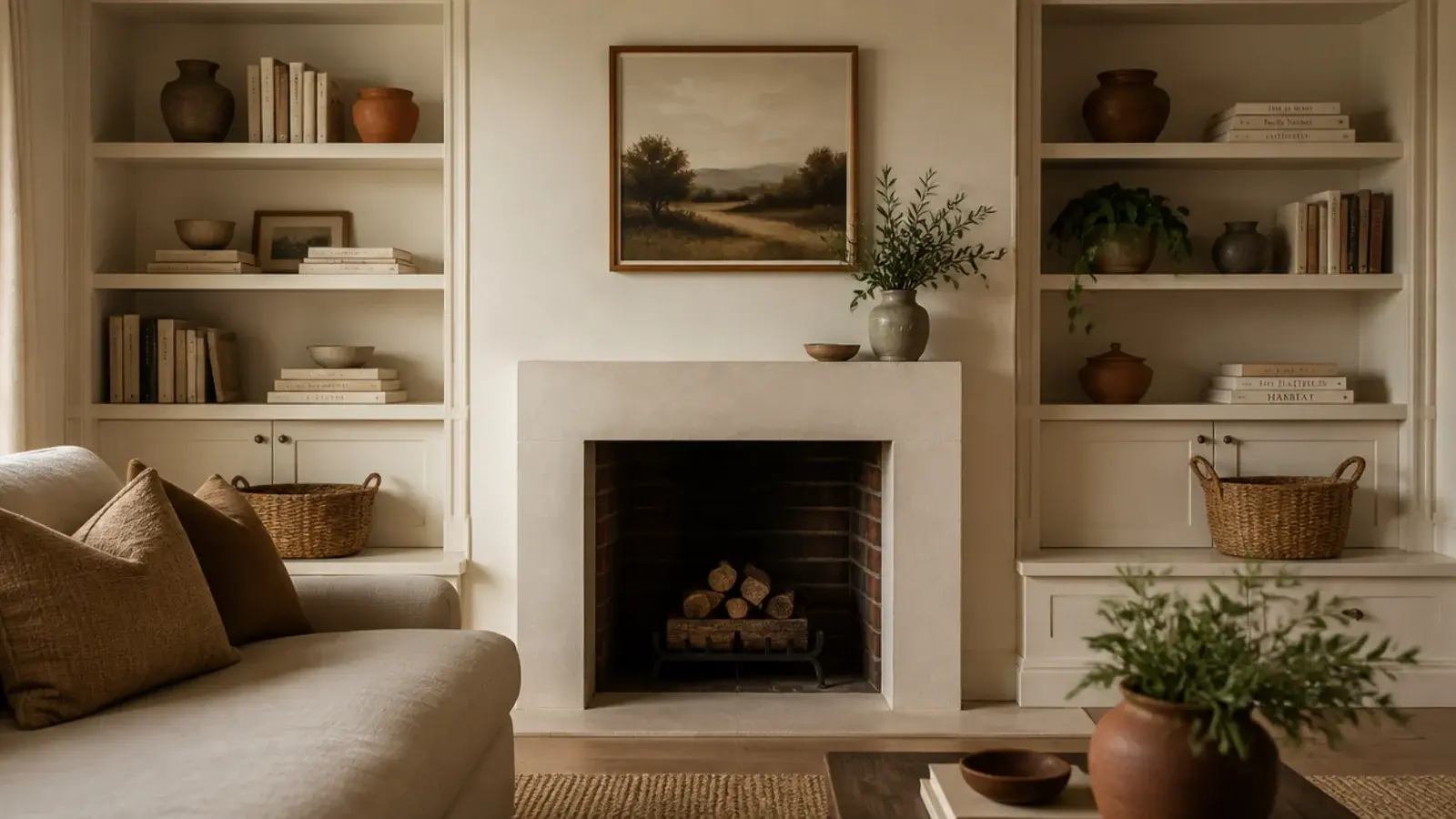 cream built in shelves in a living room flanking a fireplace with pottery