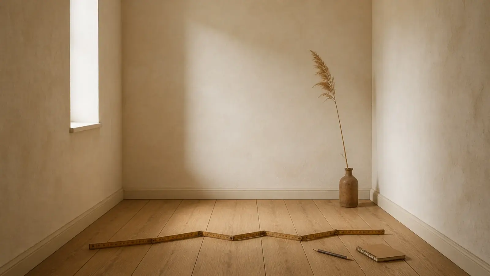 Folding rule and pencil on the floor of a narrow living room alcove