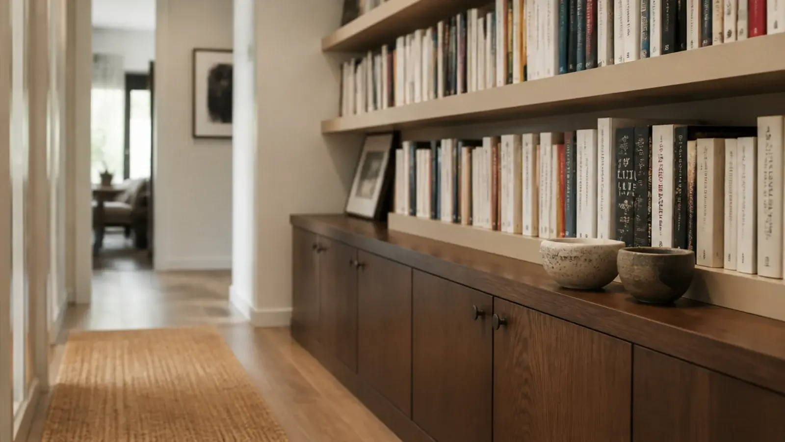 Shallow eight inch built in shelves above a deeper base in a small room