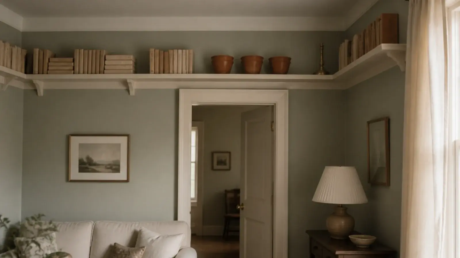 Single high shelf running wall to wall above the doors of a living room