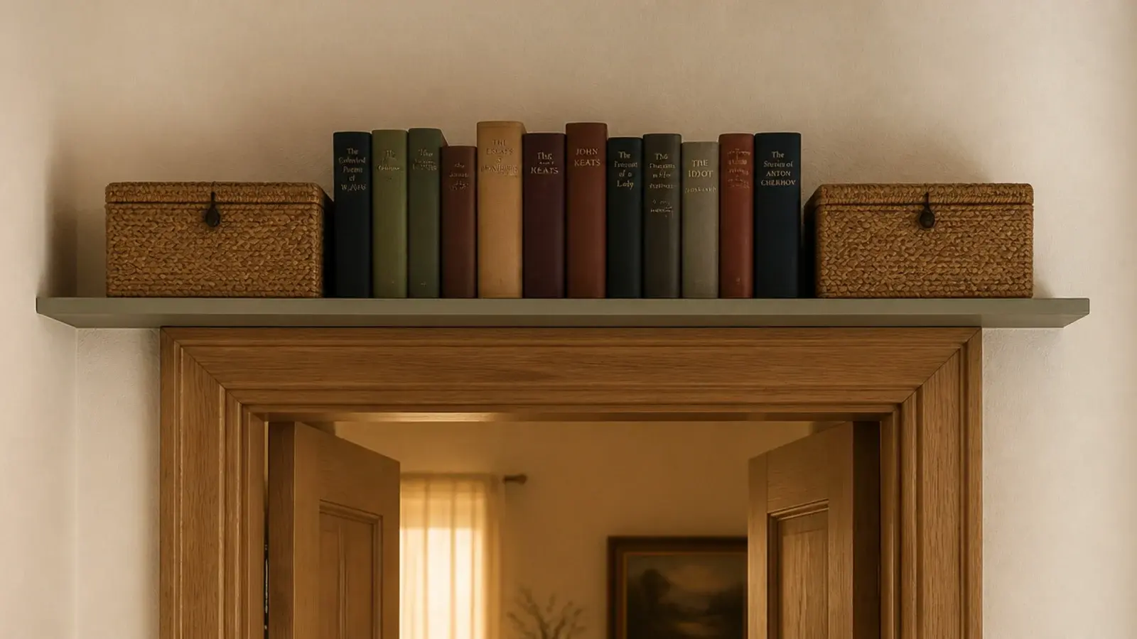 Built in shelf bridge spanning a doorway in a small living room