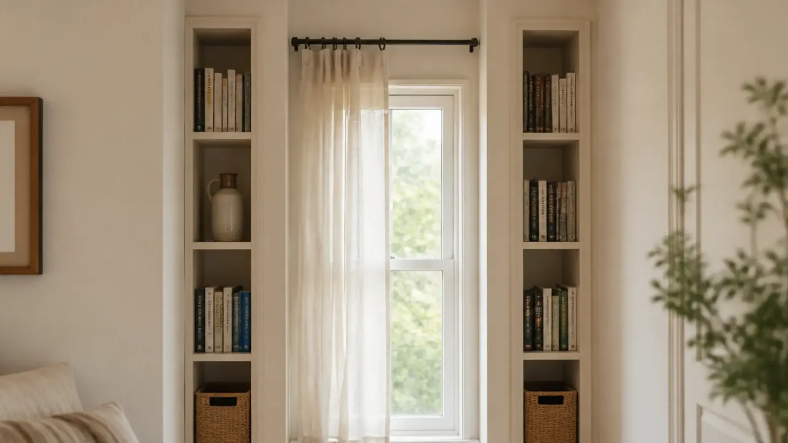 Two slim built in shelf towers flanking a window in a small living room