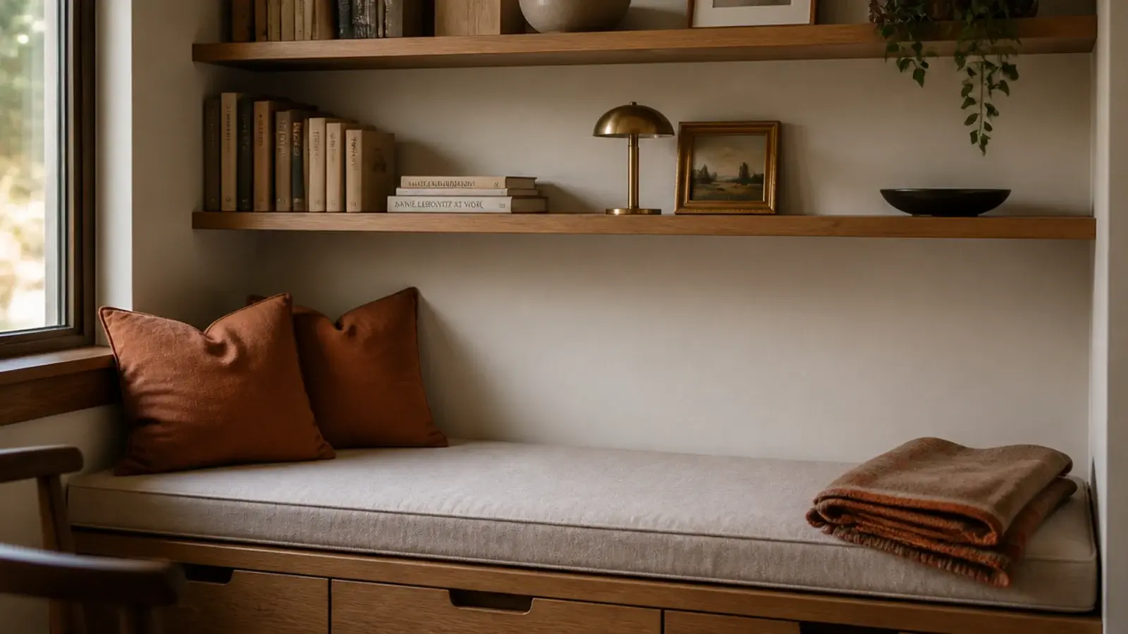 Built in banquette seat with shelves above in a compact living room