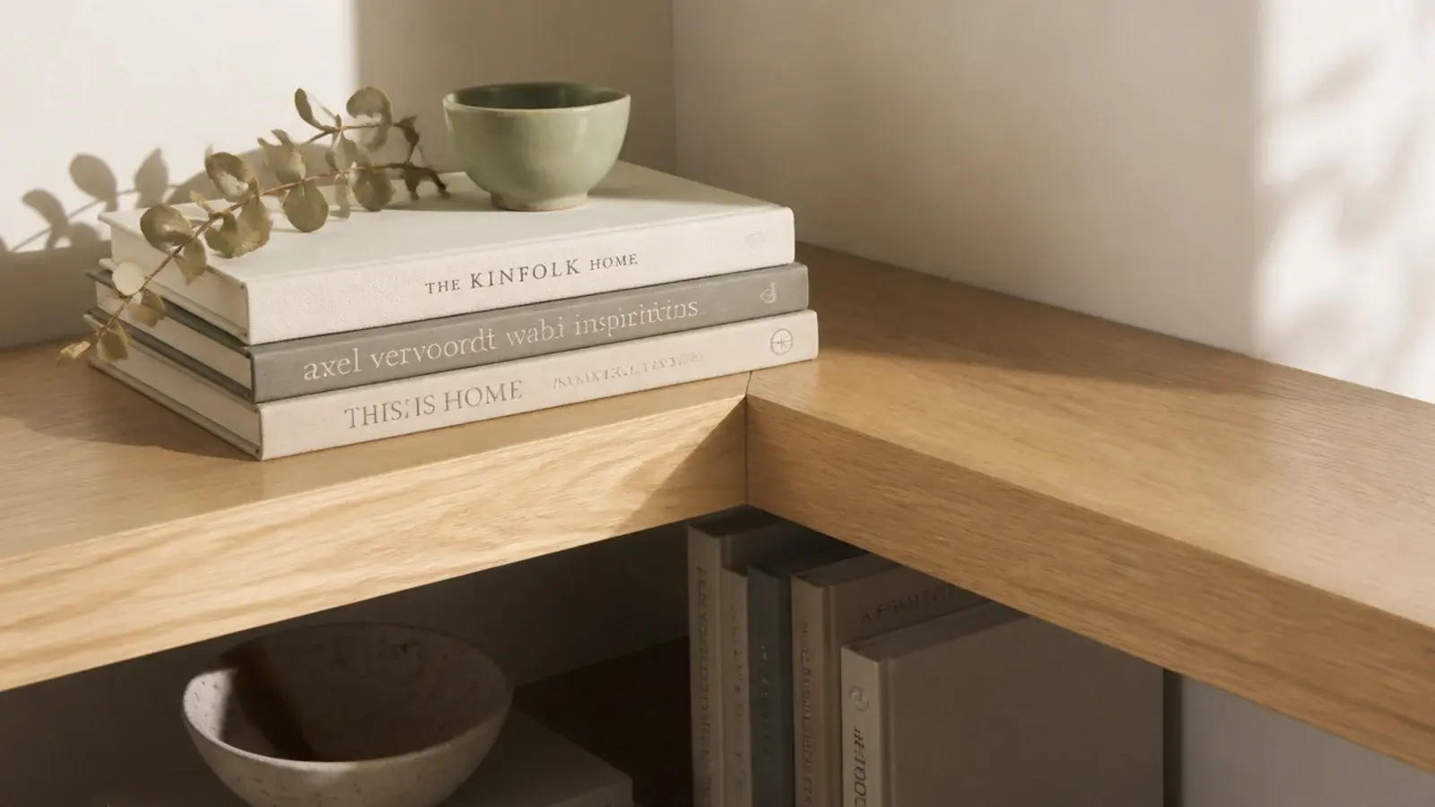Built in shelving turning a corner with a mitered return in a small room